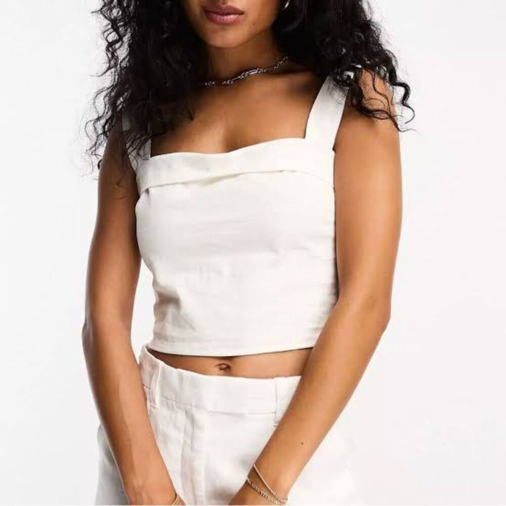 Abercrombie & Fitch Ivory Linen Crop Tank Top Square Neck Cami Off White XS
